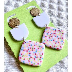 New Pink White Multicolor Dot Geometric Retro 80s Style Matte Earrings - 2.50"
